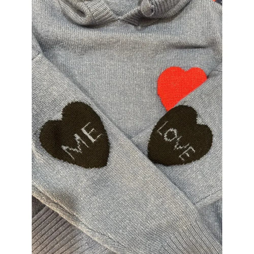 On You Knit Hoodie Sweater Blue Heart “Love Me” Patch Cozy Casual Pullover - Picture 2 of 6